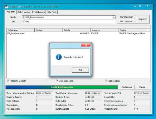 Unstoppable Copier in Aktion: Das bewährte Freeware-Programm versucht, auch von nicht mehr einwandfrei lesbaren Datenträgern Dateien Byte für Byte zu retten. (c) tecchannel.de