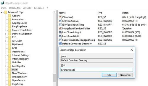 Registry anpassen: Damit Edge Downloads nicht im Standardordner speichert, müssen Sie einen neuen String anlegen. (c) Rieske