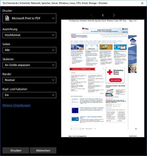 PDF mit Bordmitteln: In Edge können Sie Internetseiten dank des integrierten virtuellen Druckertreibers als PDF-Dokumente speichern. (c) Rieske