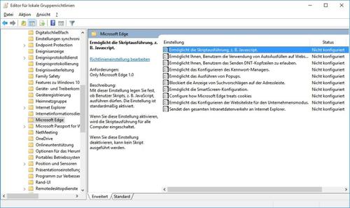 Skripte stoppen: Über die Gruppenrichtlinien besteht die Möglichkeit, JavaScript in Edge auszuschalten. (c) Rieske