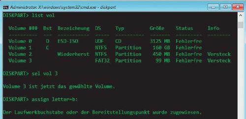 Um ein Uefi-System zu reparieren, müssen Sie zuerst der Efi-Partition über das Tool Diskpart einen Laufwerksbuchstaben zuweisen. (c) tecchannel.de