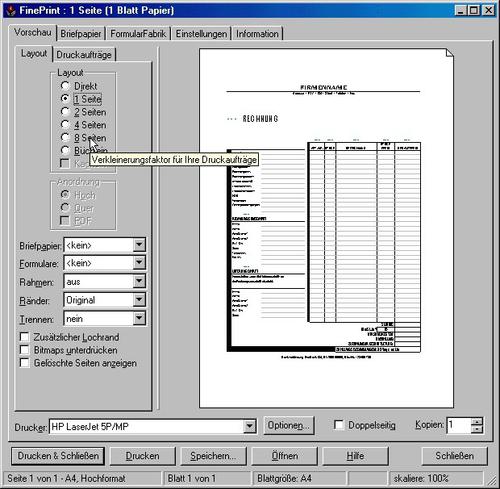 Mehrere Seiten auf einem Blatt ausdrucken: Die Shareware Fineprint platziert sich zwischen Anwendung und Druckertreiber und formatiert den Ausdruck papiersparend um. (c) pcwelt.de