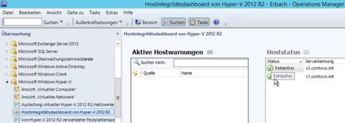 Betriebszustand: Im Hyper-V-Management-Pack sehen Sie auf einen Blick den Status aller Hosts und aktive Warnungen. (c) Thomas Joos