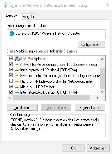 Windows: Sie erreichen die IPv6-Einstellungen, auch die für den Dual-Stack-Betrieb, über die Eigenschaften eines Netzwerk-Adapters. (c) tecchannel.de