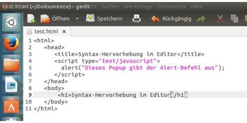 Gedit zum Erstellen des Quellcodes verwenden: Typische Sprachbestandteile von JavaScript sind farblich hervorgehoben. Damit das der Fall ist... (c) pcwelt.de