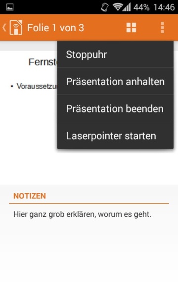 Zusatzoptionen sorgen für mehr Komfort, etwa indem sich für den Vortragenden eine Stoppuhr einblenden lässt. (c) Thomas Rieske