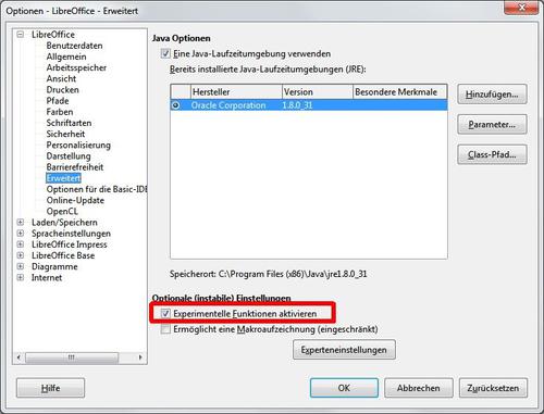 Damit die Fernsteuerung generell zur Verfügung steht, müssen die experimentellen Funktionen in LibreOffice aktiviert sein. (c) Thomas Rieske
