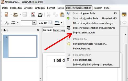 Um den Zahlencode einzugeben, rufen Sie in Impress das Menü 