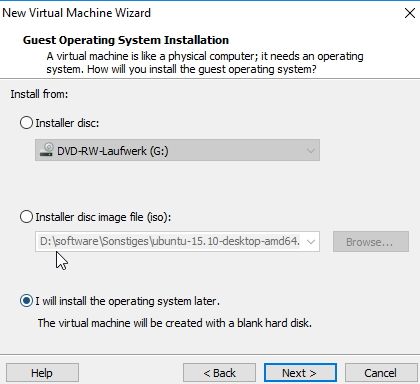 In VMware Player müssen Sie die Option zum Auswählen des Installationsdatenträgers überspringen (c) Joos