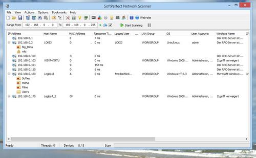 Überblick: Welche Systeme sind im Netzwerk zu finden? Das Werkzeug Network Scanner von SoftPerfect kann ohne weitere Installation auch direkt vom USB-Stick eingesetzt werden. (c) Schlede/Bär