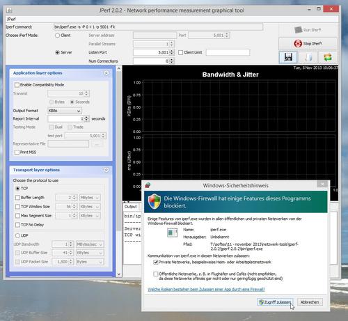 Vorarbeiten: Wer die Bandbreite seines Netzwerks mit iperf untersuchen will, muss natürlich den verwendeten Kommunikations-Port (hier ist es 5001) auf den Systemen freigeben. (c) Schlede/Bär