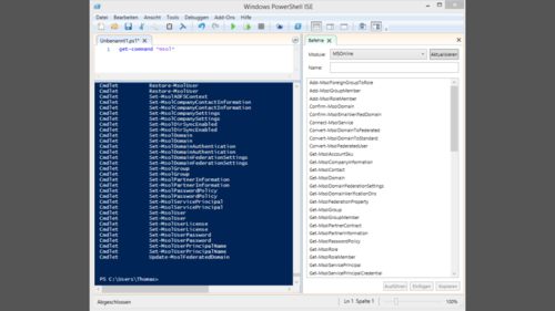 In der PowerShell oder PowerShell ISE lassen sich viele CMDLets für Office 365 nutzen. (c) Thomas Joos