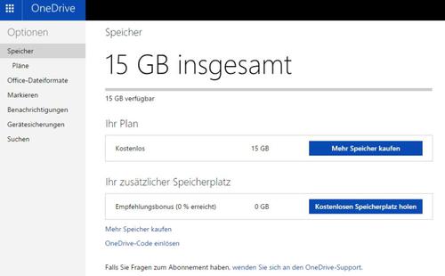 Bei Microsoft erhalten Anwender 15 GB Speicherplatz kostenlos. Dieser lässt sich aber kostenpflichtig erweitern. (c) Thomas Joos