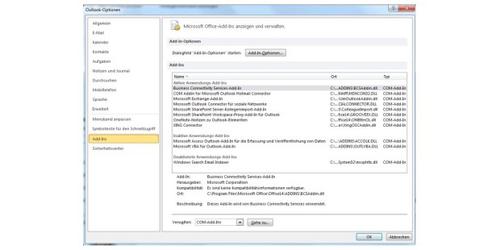 Unter Datei, Optionen, Add-Ins sehen Sie, welche Outlook-Plugins Sie installiert haben. (c) pcwelt.de