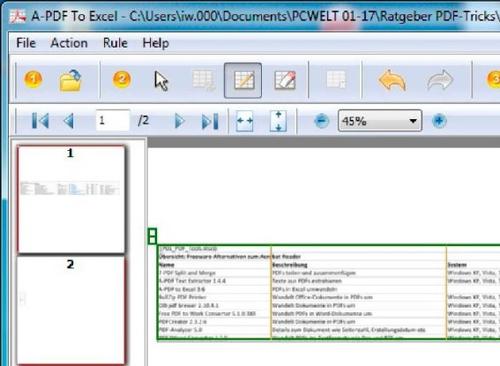 Tabellen aus einem PDF-Dokument lassen sich mit A-PDF to Excel ins Excel-Format bringen. Das Tool lässt sich als 15-Tage-Testversion kostenlos nutzen. (c) computerwoche.de