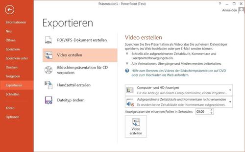 Umwandlung: Sie können für den Austausch mit anderen Nutzern Ihre PowerPoint-Datei auch in ein Video konvertieren. Zur Verfügung stehen die Formate WMV und MPEG4. (c) PC-Welt