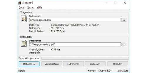 Mit dem Freewaretool Stegano G können Sie beliebige Dokumente in BMP-Bilddateien verstecken und sie zusätzlich noch verschlüsseln. (c) pcwelt.de