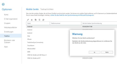Per Exchange/Office365 angebundene Smartphones kann man per Outlook-Web-App löschen. (c) Thomas Joos