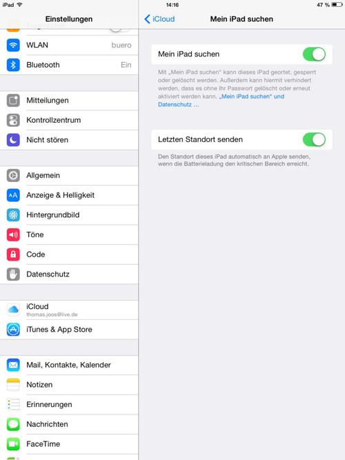 Einschalten: Auf iPhones und iPads müssen Sie die Suchenfunktion aktivieren, nachdem die Anbindung an iCloud erfolgt ist. (c) Thomas Joos