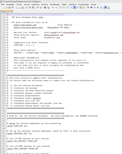 Mit Notepad++ bearbeiten Sie die Konfigurationsdatei von Snort optimal. (c) Thomas Joos