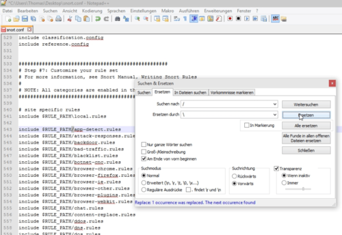 Mit Notepad++ können Sie Textteile ersetzen und Snort konfigurieren. (c) Thomas Joos