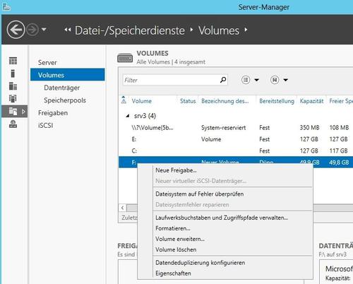 Wichtige Verwaltungsaufgaben, wie die Datendeduplizierung, steuern Sie im Server-Manager über das Kontextmenü der Festplatten. (c) Thomas Joos