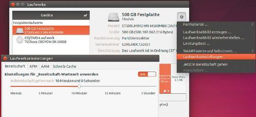 Bereitschaft für Festplatten: Das Systemzubehör „Laufwerke“ kann ergänzen, was die Energieoptionen von Ubuntu und Linux Mint nicht anbieten. (c) Apfelböck