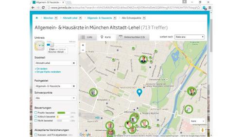 Jameda blendet auf Wunsch eine Übersichtskarte ein, auf der Sie genau sehen können, wo sich in Ihrer Umgebung ein Arzt der gesuchten Fachrichtung niedergelassen hat. (c) cio.de