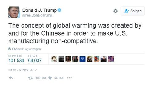 Einfache Botschaften sind Trumps Spezialität. Auf Twitter schrieb er, die globale Erwärmung sei eine Erfindung der Chinesen, die der US-Industrie schaden wollten. (c) Twitter