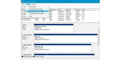 VHD-Container erstellen: In der Datenträgerverwaltung von Windows legen Sie über das Menü „Aktion“ und den Befehl „Virtuelle Festplatte erstellen“ ein neues VHD-Image auf einem lokalen Laufwerk oder im Netzwerk an. (c) pcwelt.de