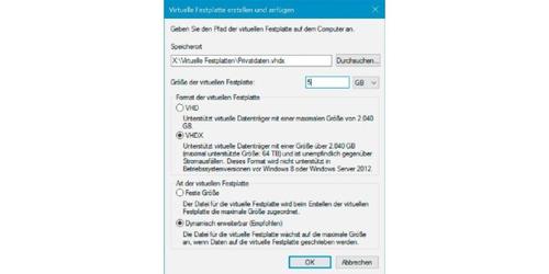 VHDX-Formatunterschiede: VHD-Container dürfen bis zu 2 TB groß sein, das erweiterte VHD-Format VHDX erlaubt eine maximale Größe von 64 TB. (c) pcwelt.de
