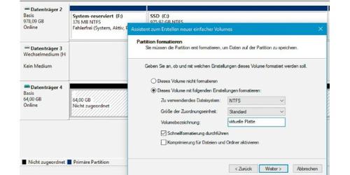 Speicherplatz zuweisen: Wie bei einer echten Festplatte müssen virtuelle Windows-Datenträger zunächst initialisiert und anschließend als Laufwerk mit einem eigenen Laufwerksbuchstaben in Windows eingebunden werden. (c) pcwelt.de