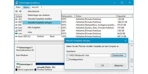 VHD-Datei öffnen: Über das Aktionsmenü in der Datenträgerverwaltung lässt sich ein virtuelles Laufwerk auf Wunsch auch schreibgeschützt ins Dateisystem einklinken, sodass keine Änderungen vorgenommen werden können. (c) pcwelt.de