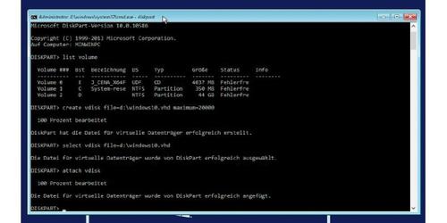 Installationsziel einrichten: Nach dem Booten des PCs vom Windows-10-Installationsmedium legen Sie auf der Kommandozeile mit dem Tool Diskpart eine neue VHD-Datei in der gewünschten Größe an. (c) pcwelt.de