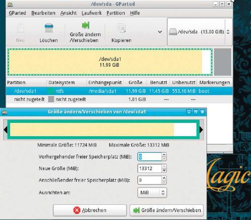 Nach dem Vergrößern des Festplatten- Images lassen sich die vorhandenen Partitionen mit Gparted vergrößern. (c) tecchannel.de