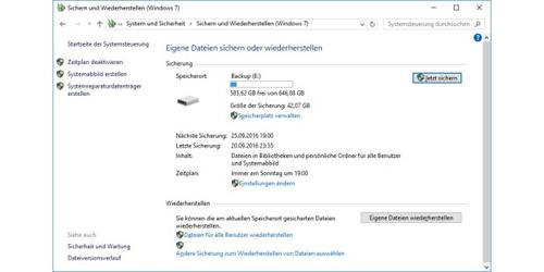 Alles sichern: Die Backup-Funktion von Windows 7, 8.1 und 10 berücksichtigt das komplette System und die persönlichen Dateien. Per Zeitplan lassen sich die Backups unter Windows 7 und 10 auch automatisieren. (c) pcwelt.de