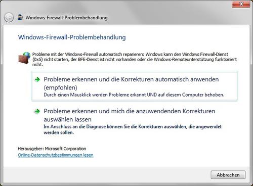 Fix it für die Windows-Firewall Sie haben die Wahl, das Microsoft-Tool mit den Korrekturen der gefundenen Probleme zu beauftragen oder nach der Diagnose selbst tätig zu werden. (c) Thomas Rieske