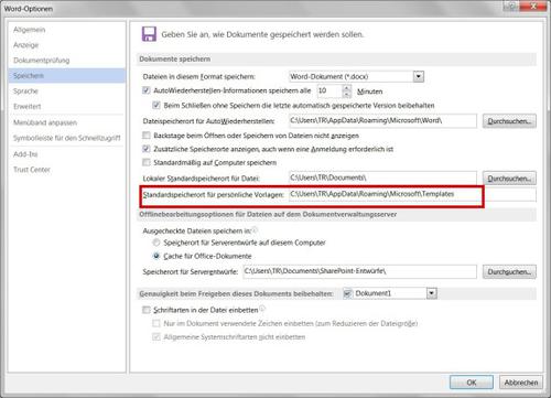 Lokale Vorlagen: Möchten Sie weiter eigene Word-Templates nutzen, müssen Sie in dem hier rot hervorgehobenen Feld den Pfad zu Ihren persönlichen Vorlagen angeben. (c) computerwoche.de
