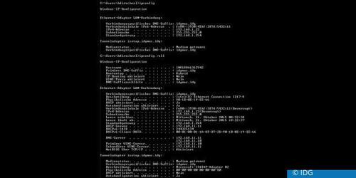 Die Ausgabe von ipconfig (oben) und ipconfig /all (unten). (c) IDG