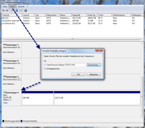 Nacharbeit: Anbinden einer virtuellen Festplatte direkt in das Betriebssystem unter Windows 7 oder Windows Server 2008 R2. (c) cio.de