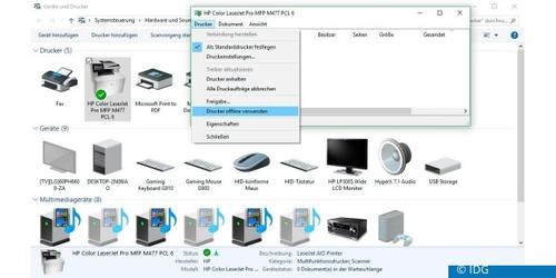 Wenn Ihr Drucker offline geschaltet ist, entfernen Sie den Haken vor diesem Eintrag in den Geräte-Einstellungen. (c) IDG