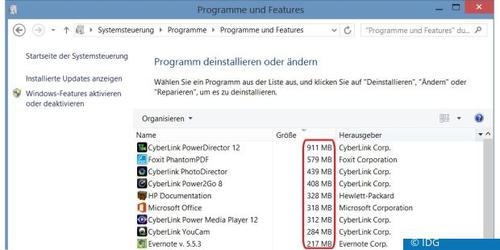Im Auslieferungszustand dieses Rechners zeigt die Systemsteuerung, dass mehr als vier GByte Platz auf der Festplatte allein durch die vorinstallierten, aber oft unerwünschten Programme beansprucht werden. (c) IDG