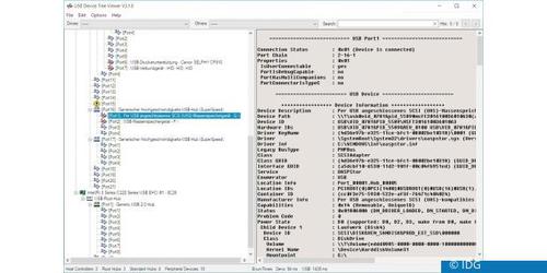 Zu allen erkannten USB-Komponenten von Host-Controllern über Hubs bis hin zu den Endgeräten liefert USB Device Tree Viewer viele Details wie Geschwindigkeit oder maximale Stromaufnahme. (c) IDG