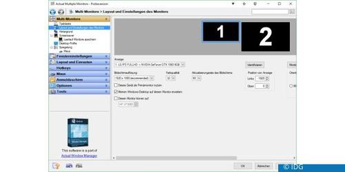 Actual Multiple Monitors bietet einen ähnlichen Funktionsumfang wie das Multimonitortool, kann aber Anzeigen darüber hinaus in mehrere Bereiche unterteilen. (c) IDG