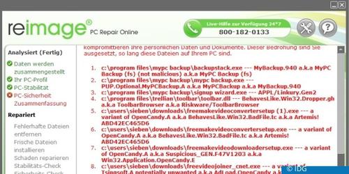 Unser Test-PC fing sich unfreiwillig etliche Toolbars, PC-Optimierer und andere zweifelhafte Free- und Shareware ein, etwa das hier gezeigte Reimage. Ironischerweise meldete Reimage die meisten Angaben über zuvor installierte Adware. (c) IDG