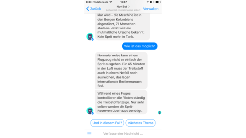 Dem Nachrichten-Chatbot Novi kann man Rückfragen zu den News stellen. Noch sind die Rückfragen aber vorgegeben. Andere Chatbots arbeiten bereits mit „freien“ Fragen. (c) funk von ARD und ZDF