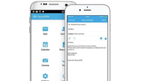 Die für Android und iOS angebotene SecurePIM-App bewahrt geschäftliche Informationen in einem gesicherten Container auf. (c) Virtual Solution