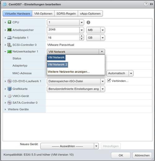 Beim Verbinden der virtuellen Netzwerkkarte (vNIC) kann der Admin das Verbindungsziel abweichend von der Default-Einstellung auch frei wählen. (c) tecchannel.de