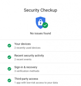 Mit dem Google Security Check können Sie Ihr momentanes Schutzlevel ermitteln. Sollte ein Bereich Ihre Aufmerksamkeit benötigen weißt Google Sie darauf hin. (c) Screenshot Google