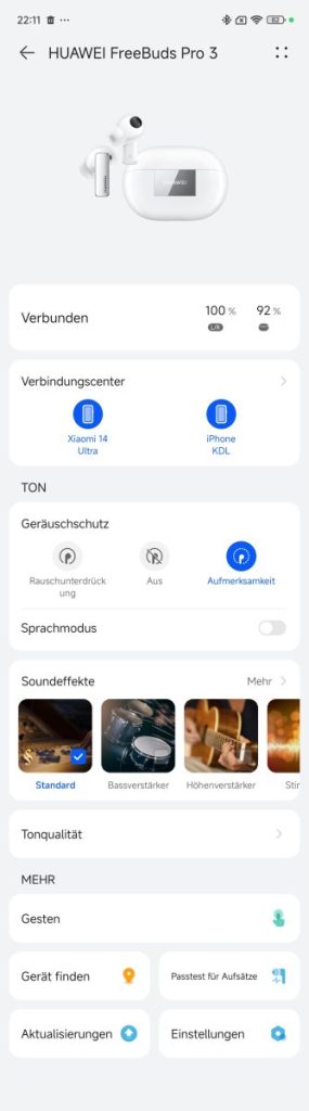 Per AI-Life-App können zwei Geräte gleichzeitig mit den FreeBuds Pro 3 verbunden werden, auch ein Android-Smartphone und ein iPhone. (c) Screenshot ITWELT.at / KDL